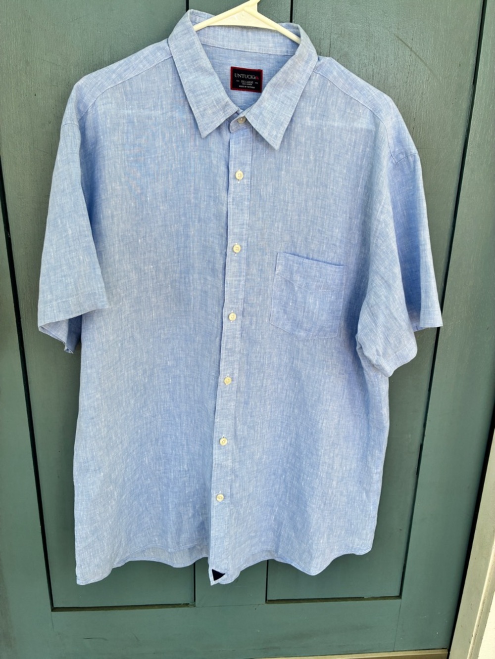 Untuckit Shirt Mens XL Blue Button Up 100% Linen Short Sleeve Wrinkle Resistant